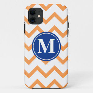 Capa Para iPhone 11 Monograma alaranjado de Chevron do marinho