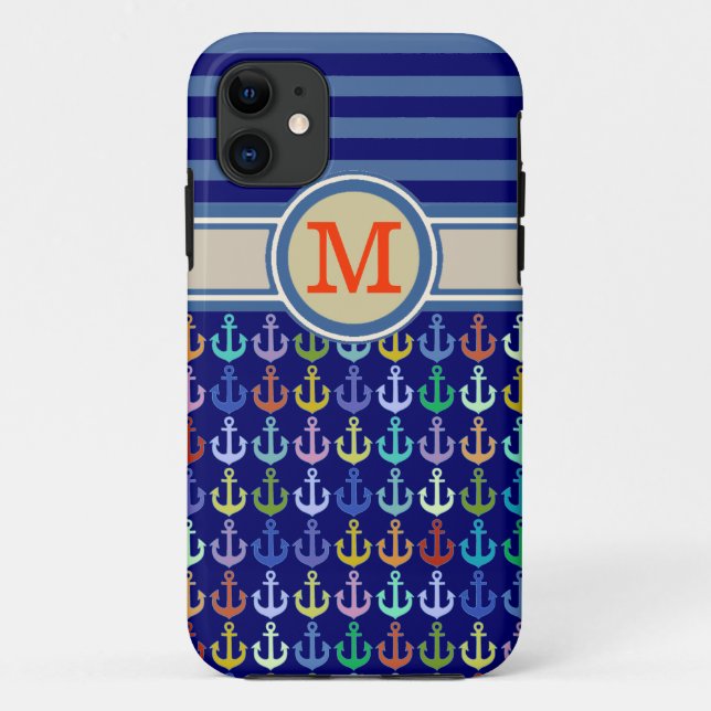 Capa Para iPhone 11 Monograma, âncoras e faixas (Verso)
