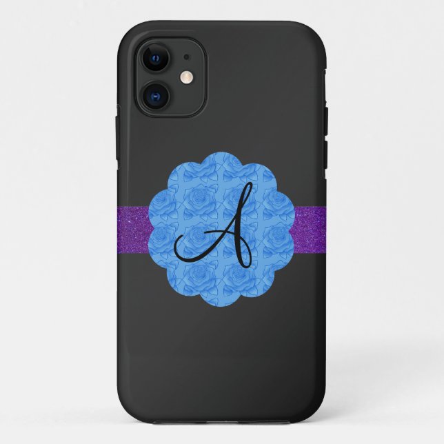 Capa Para iPhone 11 Monograma azul preto dos rosas (Verso)
