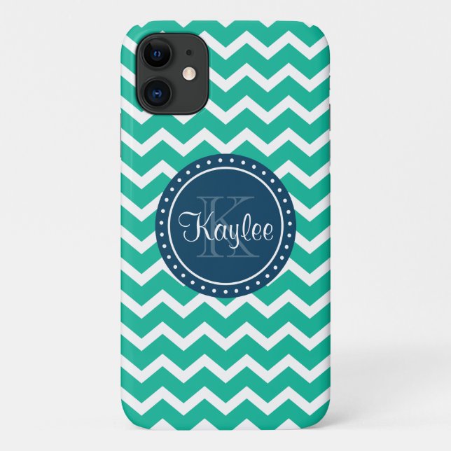 Capa Para iPhone 11 Monograma Azul Verde Chevron (Verso)