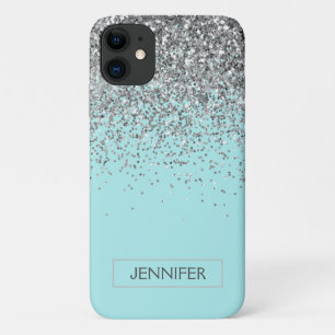 Capa Para iPhone 11 Monograma Blue Silver Glam Glitter