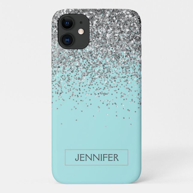 Capa Para iPhone 11 Monograma Blue Silver Glam Glitter (Verso)