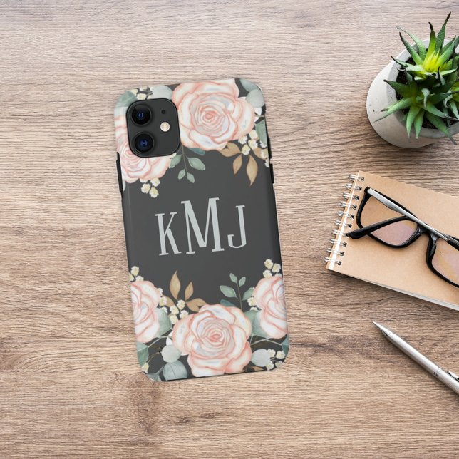 Capa Para iPhone 11 Monograma Botânico Na moda Verde Floral (Criador carregado)