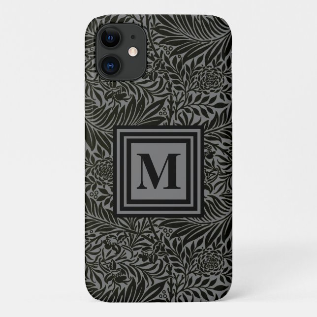 Capa Para iPhone 11 Monograma Botânico Personalizado Preto e Cinza (Verso)