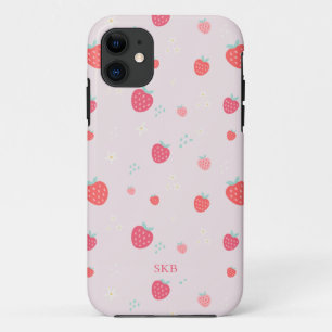Capa Para iPhone 11 Monograma branco, cor-de-rosa e morango vermelho
