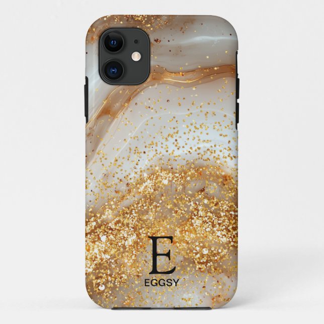 Capa Para iPhone 11 Monograma brilhante dourado mármore branco chic (Verso)