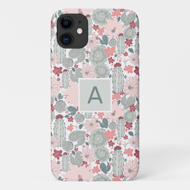 Capa Para iPhone 11 Monograma Cactus Pink Mint Succults Plantas Desert (Verso)