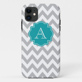 Capa Para iPhone 11 Monograma cinzento e branco da cerceta de Chevron