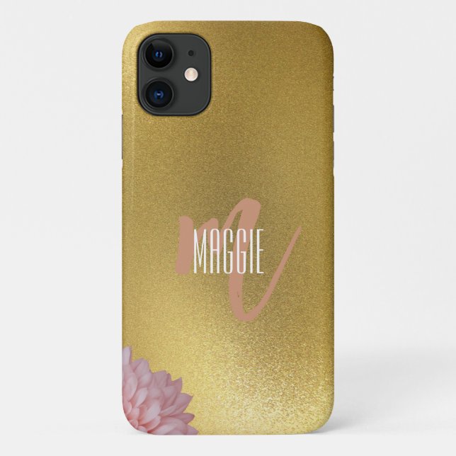 Capa Para iPhone 11 monograma com brilho de ouro com floral l Moderno (Verso)