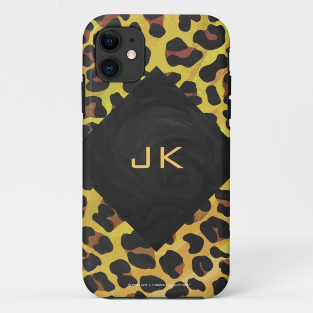 Capa Para iPhone 11 Monograma com Leopardo Castanho e Amarelo (Verso)