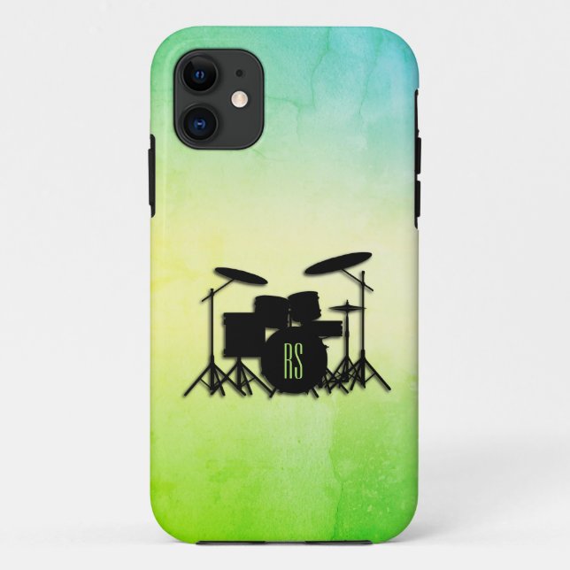 Capa Para iPhone 11 Monograma Conjunto de Tambores Verde (Verso)