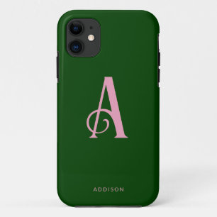 Capa Para iPhone 11 Monograma cor-de-rosa-chic Nome inicial em verde e