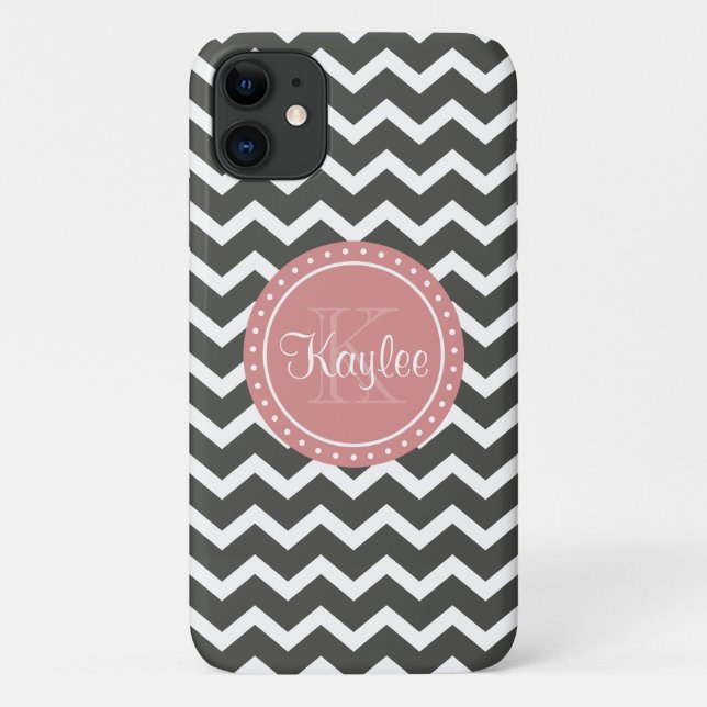 Capa Para iPhone 11 Monograma cor-de-rosa cinza (Verso)