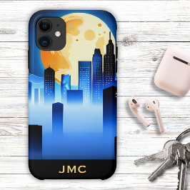 Capa Para iPhone 11 Monograma da Cidade Moderna com Lua Cheia