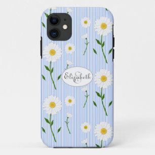 Capa Para iPhone 11 Monograma Daisies Summer Pattern Blue Stripe