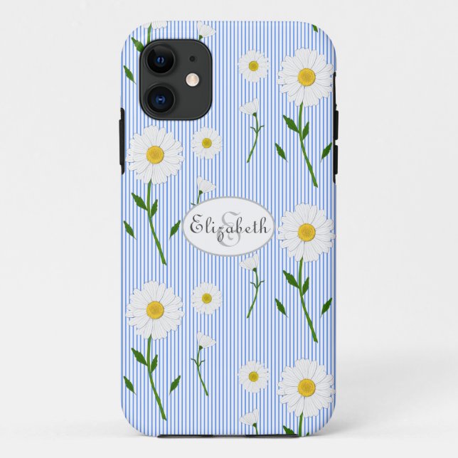 Capa Para iPhone 11 Monograma Daisies Summer Pattern Blue Stripe (Verso)