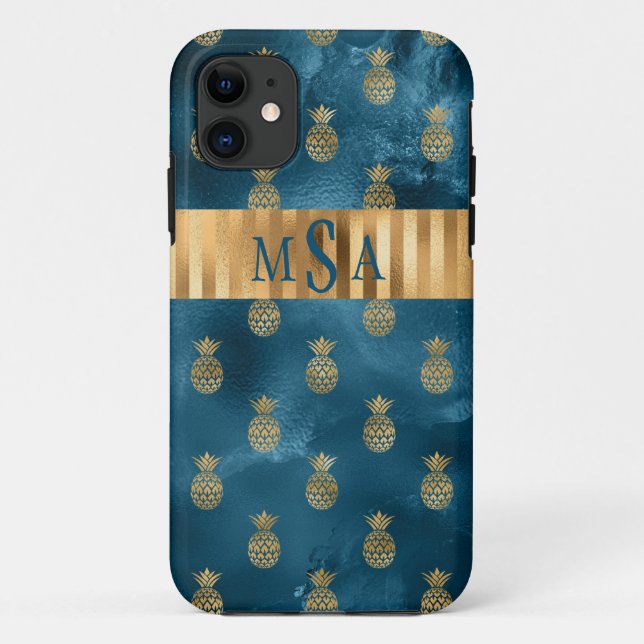 Capa Para iPhone 11 Monograma de abacaxi Dourado de Teal Elegante (Verso)