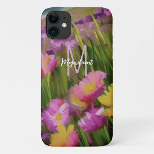 Capa Para iPhone 11 Monograma de Arte Fina Cores Aquáticas Flores Selv