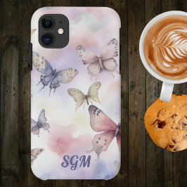 Capa Para iPhone 11 Monograma de Borboletas Aquarela