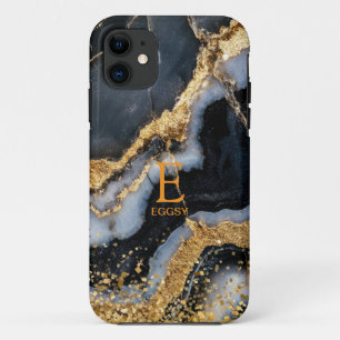 Capa Para iPhone 11 Monograma de brilho dourado mármore preto chic