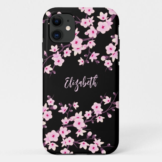Capa Para iPhone 11 Monograma de Cereja Floral Preta Rosa (Verso)