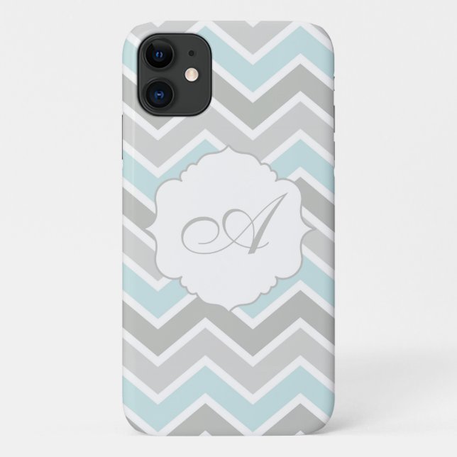 Capa Para iPhone 11 Monograma de Chevron Azul e Cinza (Verso)