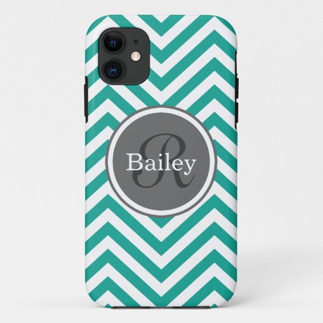 Capa Para iPhone 11 Monograma de Chevron Azul Teal (Verso)
