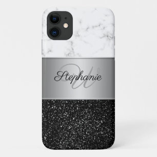 Capa Para iPhone 11 Monograma de Cinzas Brancas de Mármore Preto