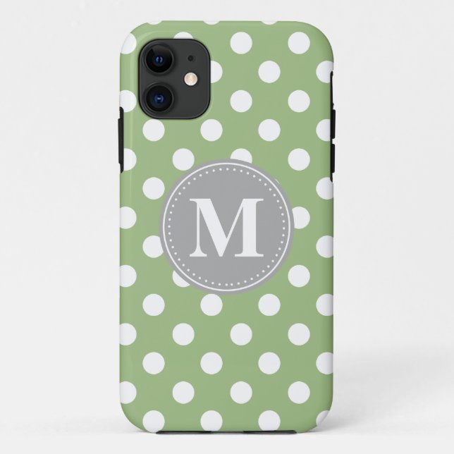 Capa Para iPhone 11 Monograma de Cinzas de Bolinhas brancas e verdes (Verso)
