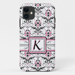 Capa Para iPhone 11 Monograma de Damasco Preto e Rosa