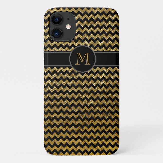 Capa Para iPhone 11 monograma de diafragma de ouro preto (Verso)