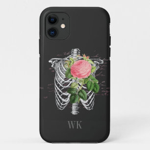 Capa Para iPhone 11 Monograma de Esqueleto de Rosas Cor-de-Rosa Gótico