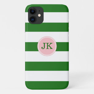 Capa Para iPhone 11 Monograma de faixa verde e rosa