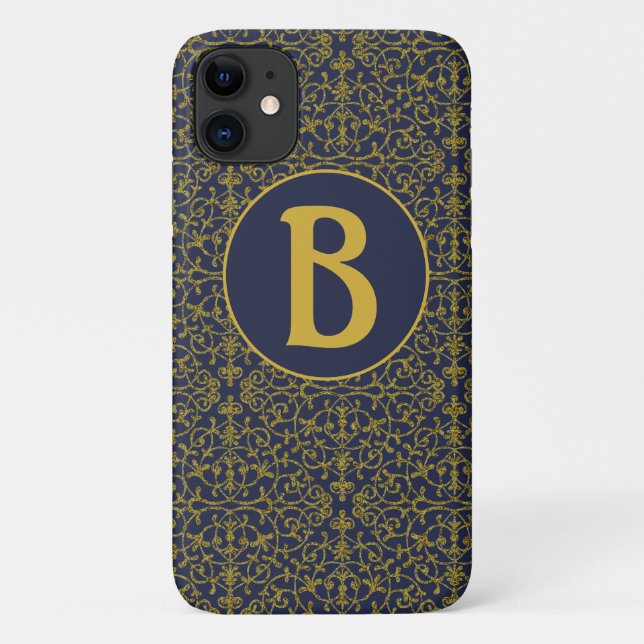 Capa Para iPhone 11 Monograma de Filigrana Azul e Dourado Elegante (Verso)