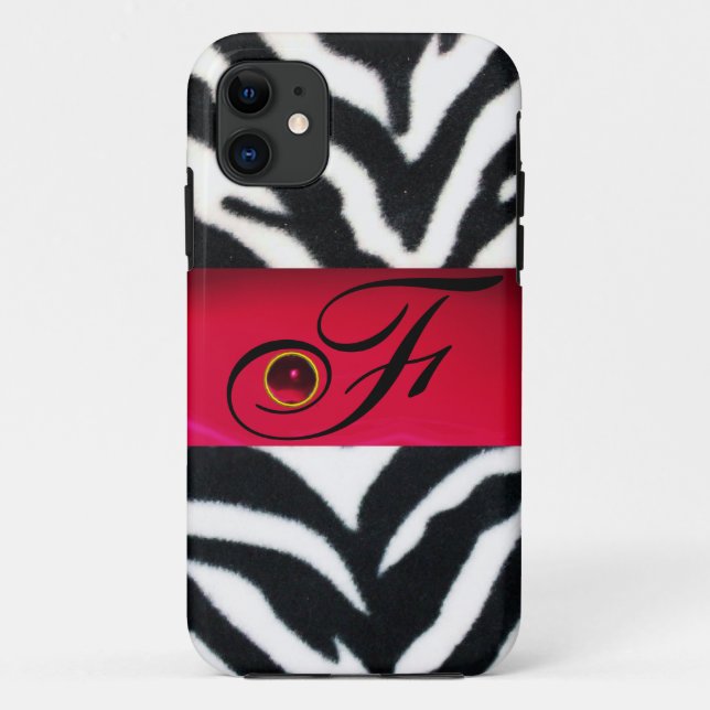 CAPA PARA iPhone 11 MONOGRAMA DE GEM VERMELHA DE PELE ZEBRA BRANCA PRE (Verso)
