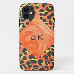 Capa Para iPhone 11 Monograma de Leopardo Laranja e Amarelo Impresso