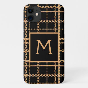 Capa Para iPhone 11 Monograma de Luxo com Corrente Preta e Padrão Dour