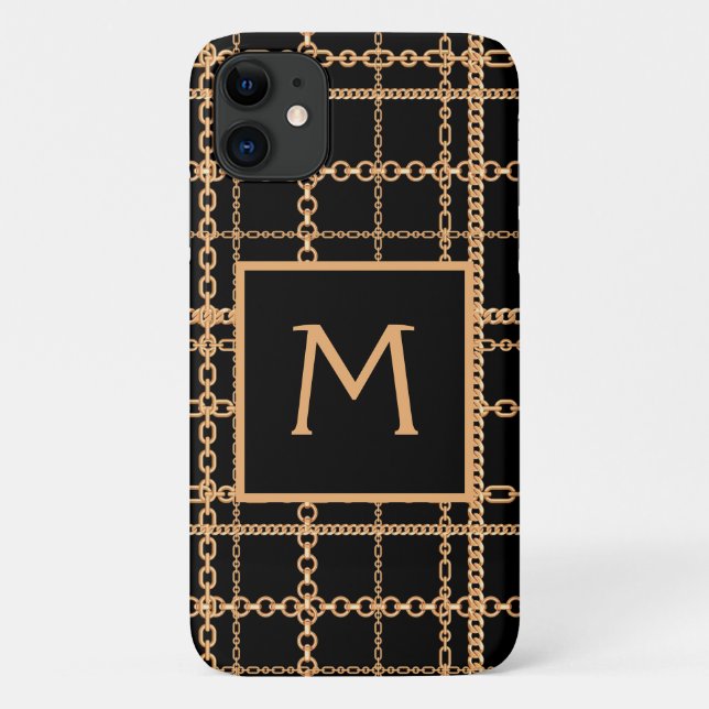 Capa Para iPhone 11 Monograma de Luxo com Corrente Preta e Padrão Dour (Verso)