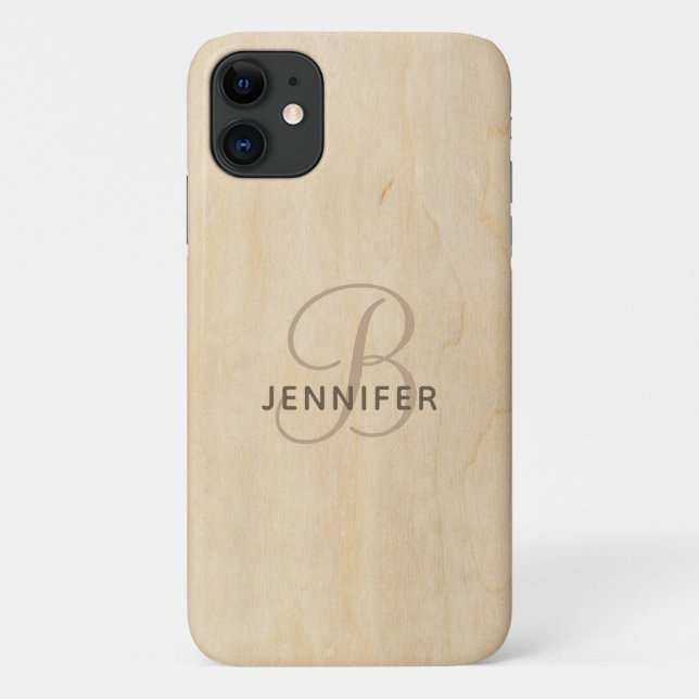 Capa Para iPhone 11 Monograma de Madeira Nome Personalizado (Verso)