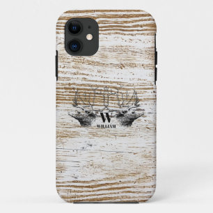 Capa Para iPhone 11 Monograma de Madeira Rústica Textura de Veado