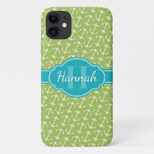 Capa Para iPhone 11 Monograma de padrão de âncora branca verde
