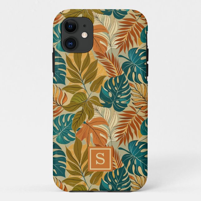 Capa Para iPhone 11 Monograma de Padrão de Folhas Tropicais (Verso)