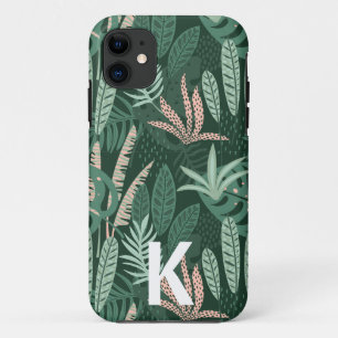 Capa Para iPhone 11 Monograma de Padrão de Folhas Tropicais Verdes Mod