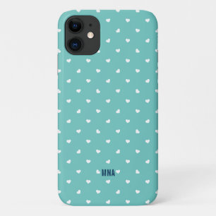 Capa Para iPhone 11 Monograma de padrão de turquesa e coração branco
