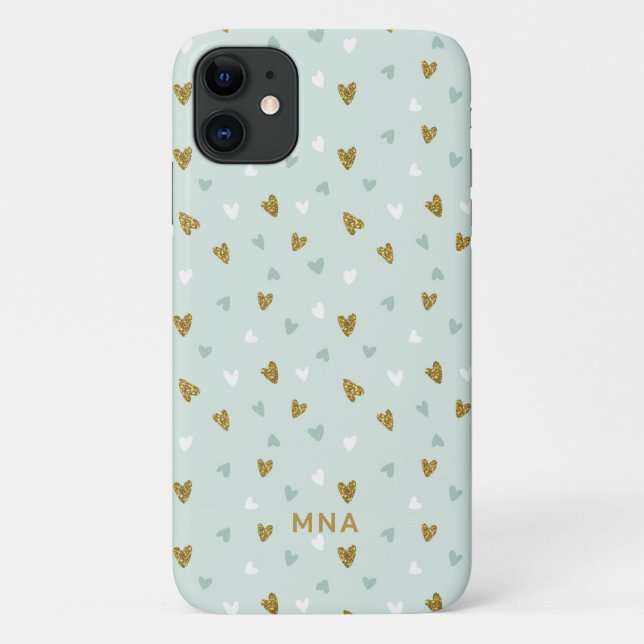 Capa Para iPhone 11 Monograma de padrão Dourado de brilho e mint (Verso)
