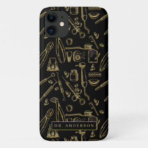 Capa Para iPhone 11 Monograma de Padrão Dourado de Odontologia