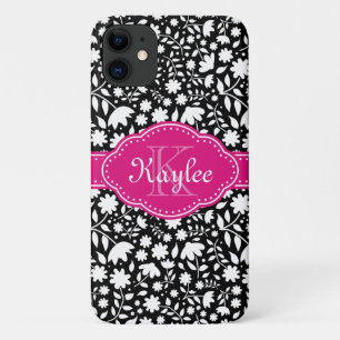 Capa Para iPhone 11 Monograma de Padrão Floral Branco e Preto