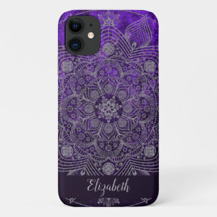 Capa Para iPhone 11 Monograma de Silver Floral Elegante e Mandala Roxo