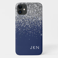 Monograma de Sparkle Azul Girly Marinho de Prata