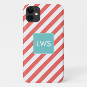 Capa Para iPhone 11 Monograma de Stripes Diagonais Corais